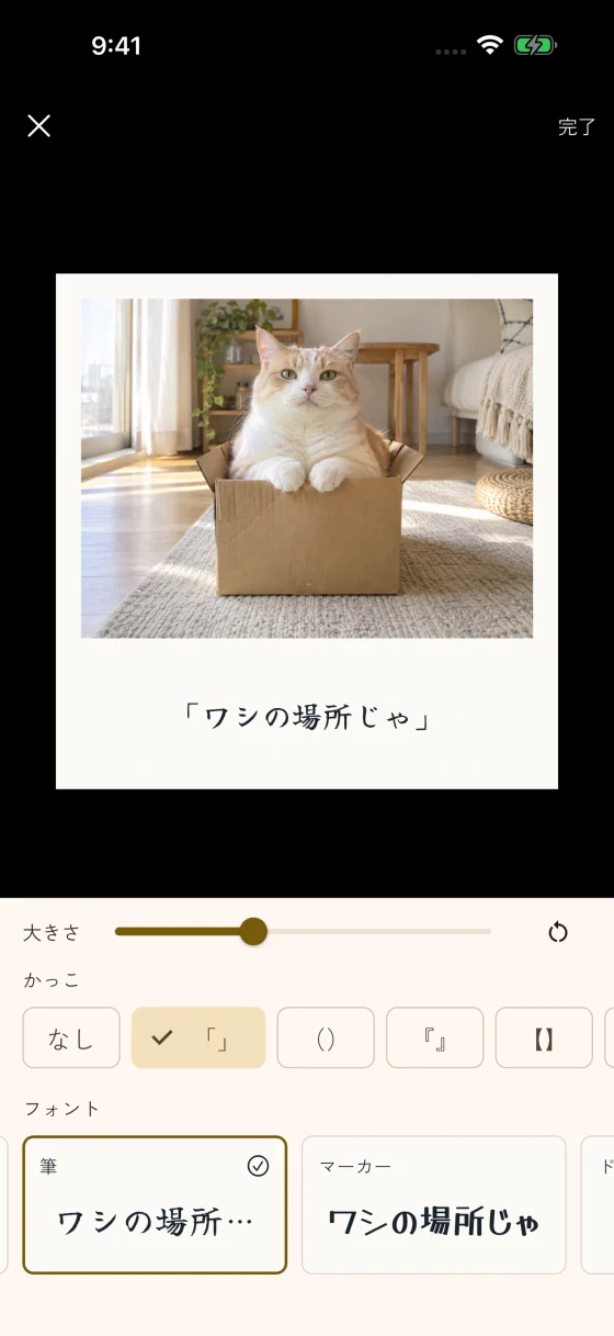 セリフの編集画面。猫の写真の下に「ワシの場所じゃ」とあり、かっこと書体の選択肢が並んでいる